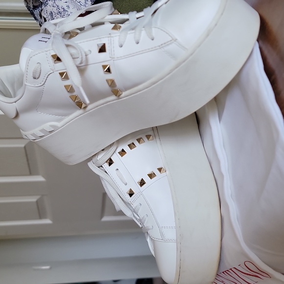 Valentino Garavani Rockstud Untitled White Sneakers with Gold Accents
